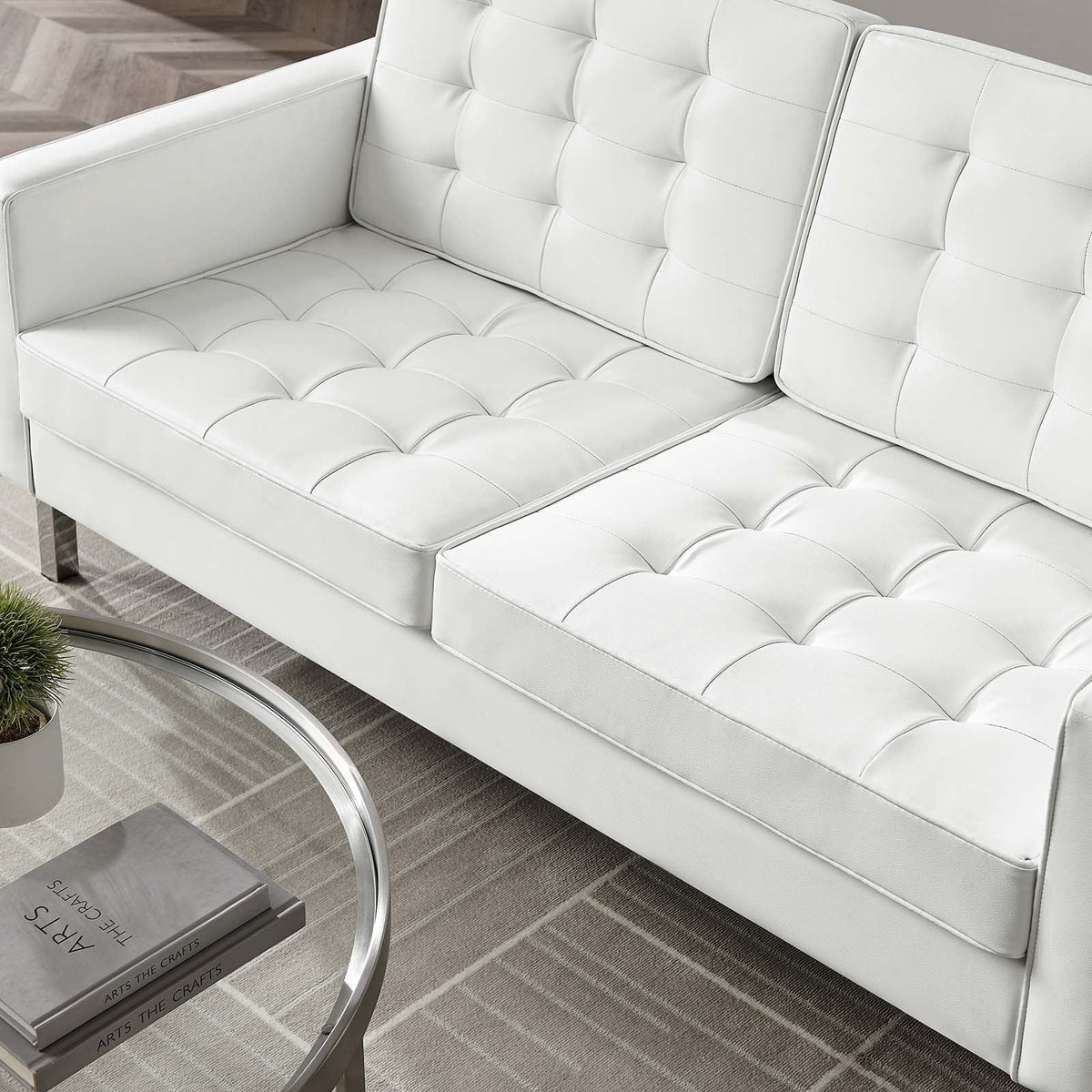 Silver White Tufted Vegan Leather Loveseat Z9770