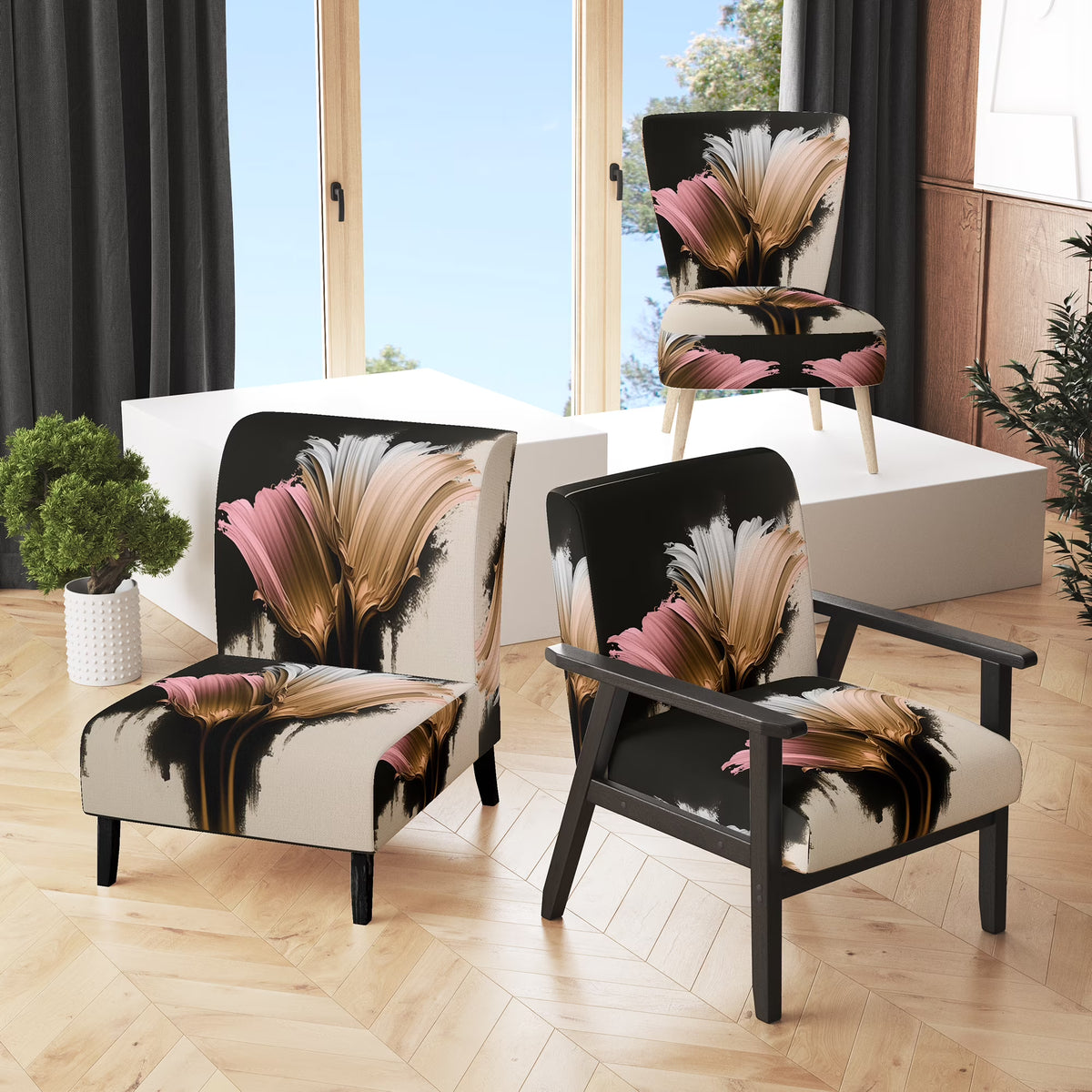 Blue Modern Floral Pattern Upholstered Accent Chair B767716