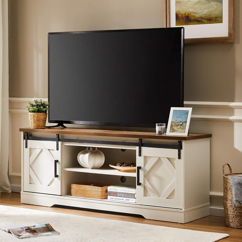 Farmhouse Sliding Barn Door TV Stand, Wood Media Console Table Cabinet 3-Level Adjustable Shelf, Wash Grey D99591
