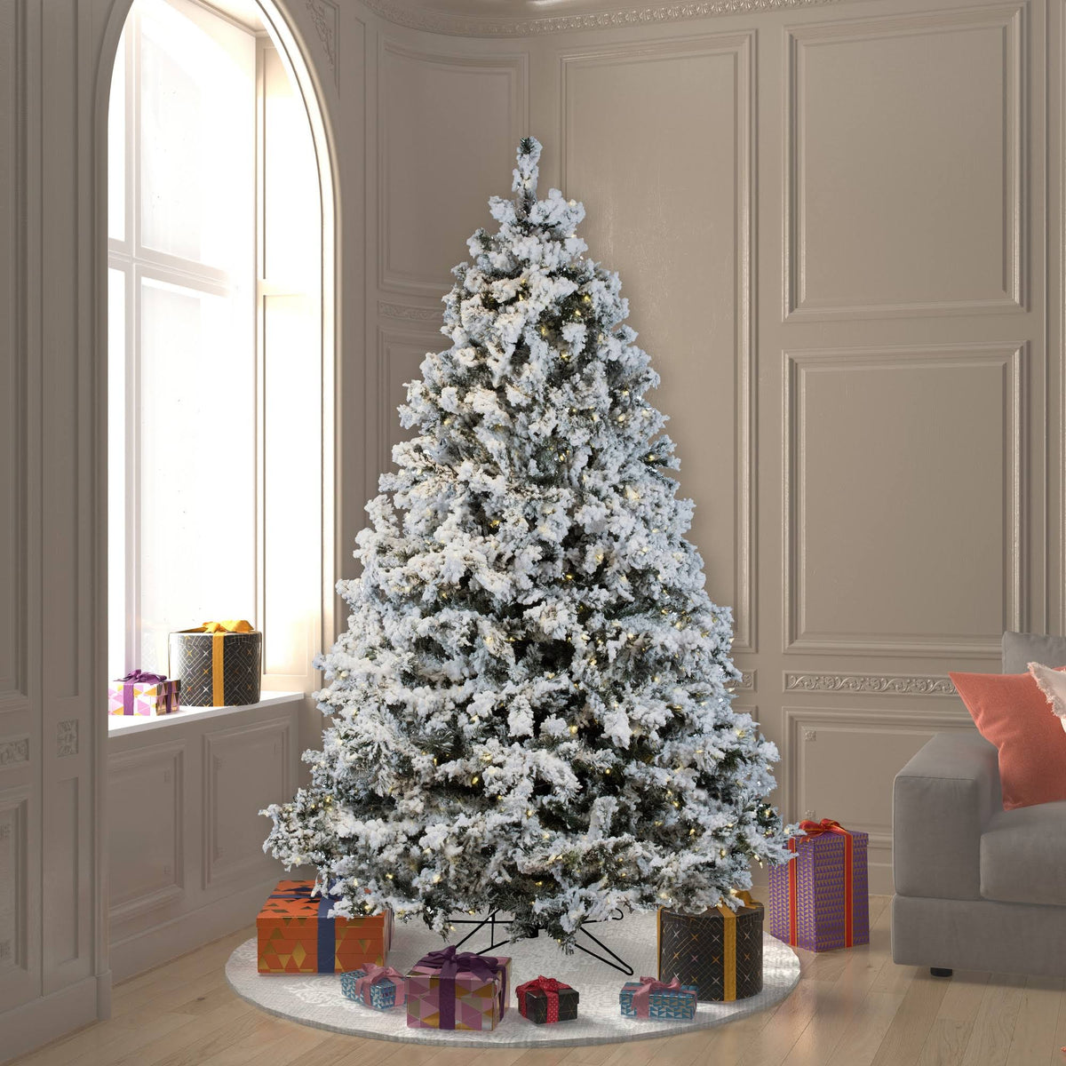 7.5 ft Flocked Alaskan Tree with 900 Warm White LED Lights U927