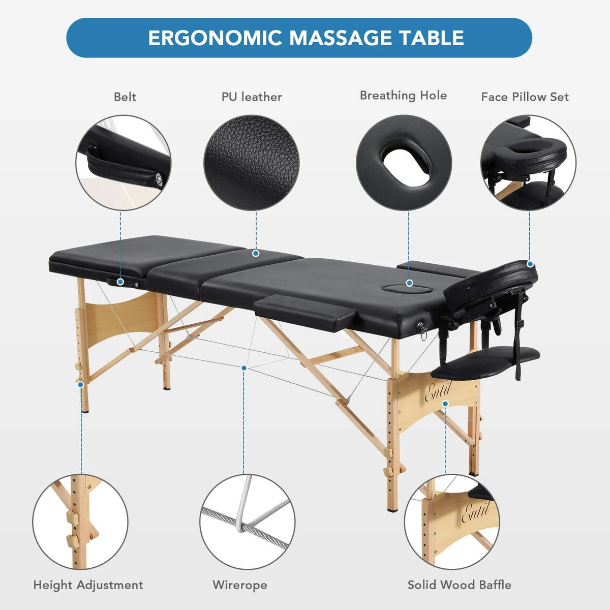 Portable Height Adjustable 3 Sections Wooden Massage Table with Face Hole and Carrying Bag T7826