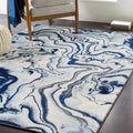 Abstract Coastal Area Rug - Marble Swirl Pattern - Ombre Blue, Royal Blue, Navy Blue, Grey, White - 5'3" x 7'3" B3965