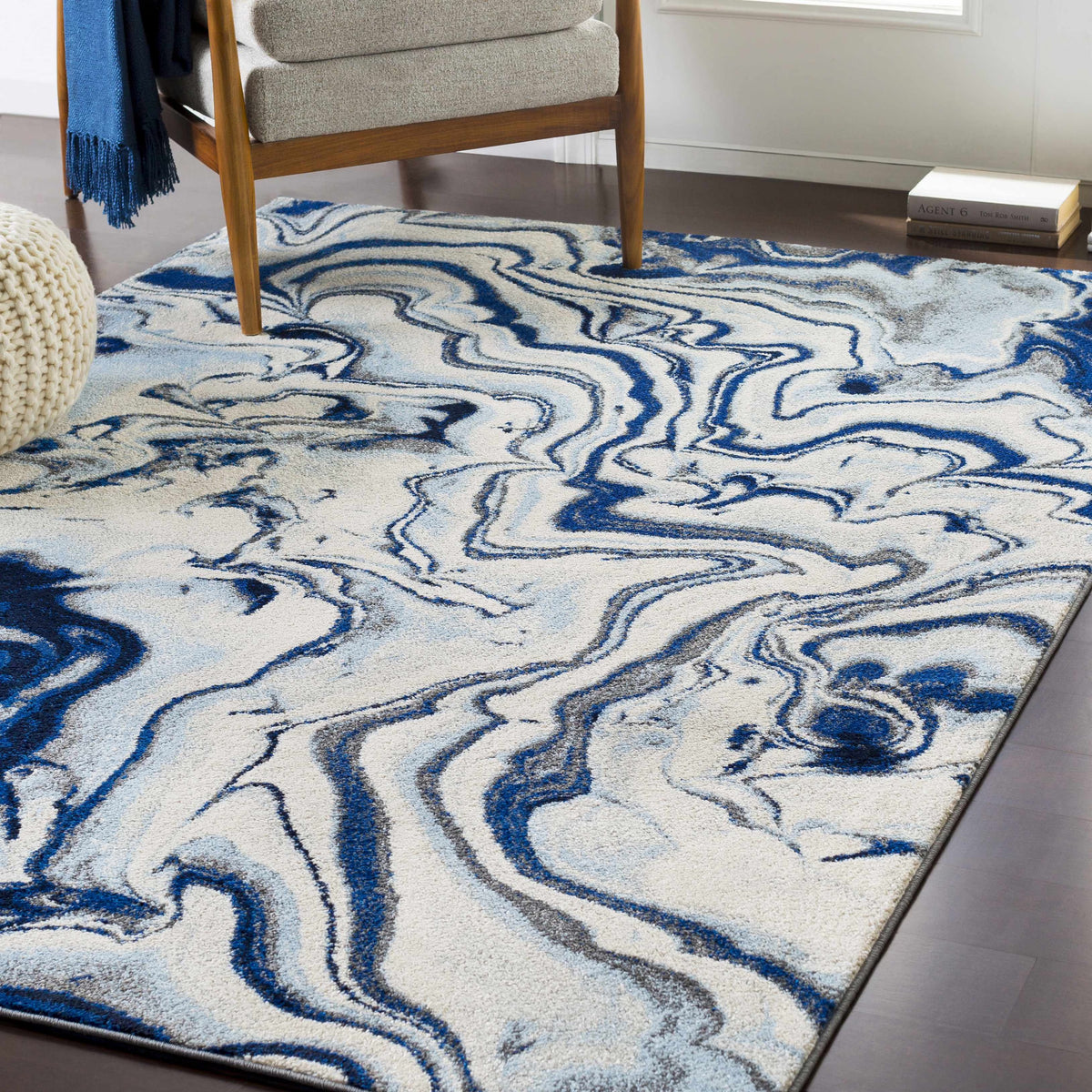 Abstract Coastal Area Rug - Marble Swirl Pattern - Ombre Blue, Royal Blue, Navy Blue, Grey, White - 5'3" x 7'3" B3965