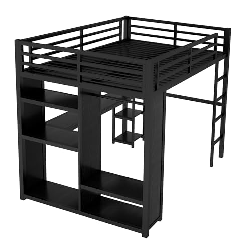 Full Size White Metal Loft Bed with Desk and Wardrobe J8561