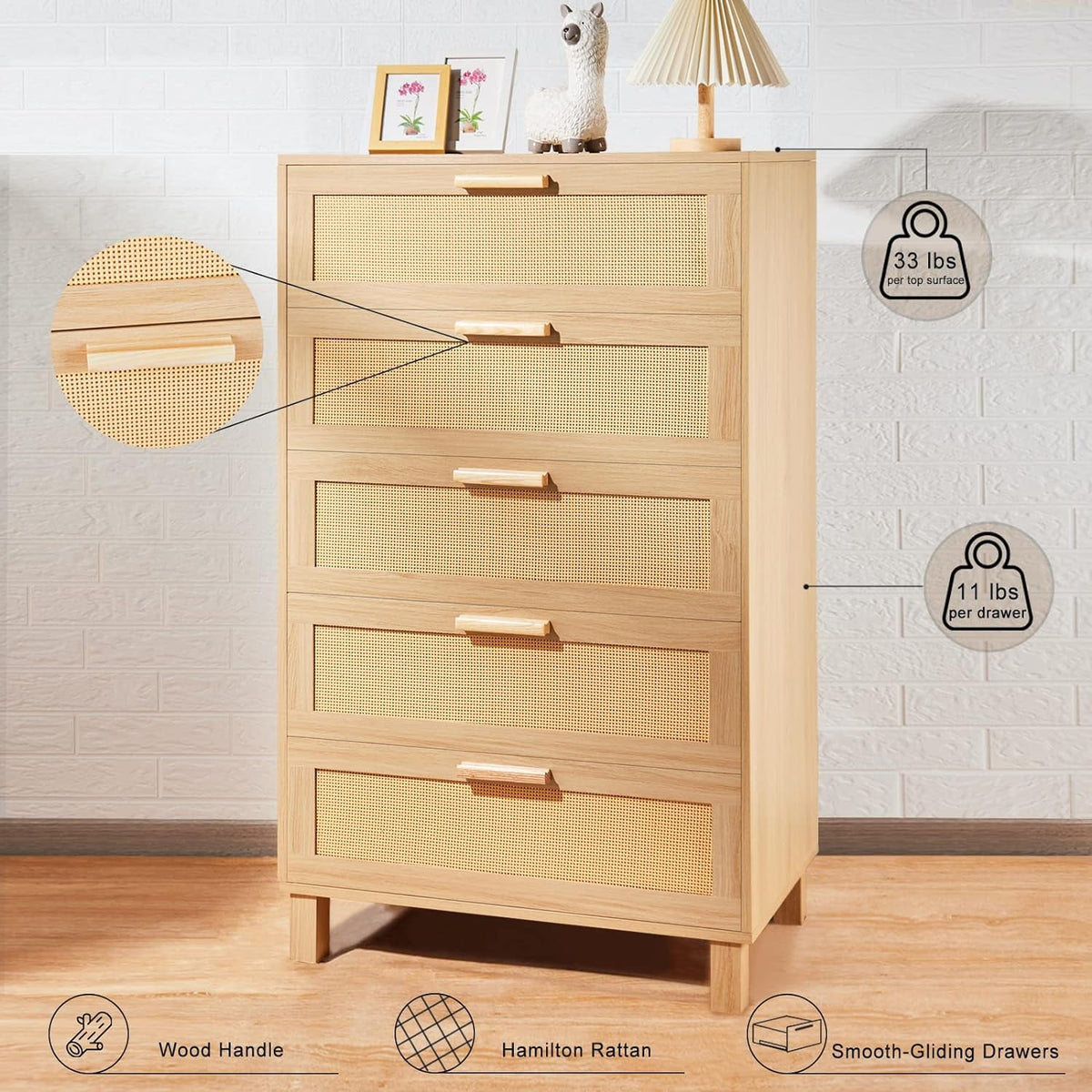 Oak 5 Drawer Rattan Dresser P89771