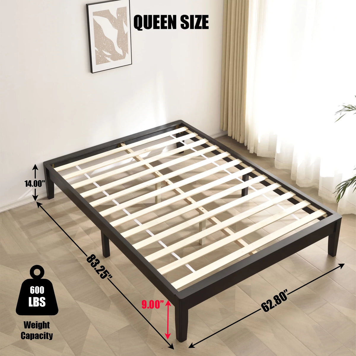 Black Queen Solid Pine Wood Platform Bed Frame Y90553
