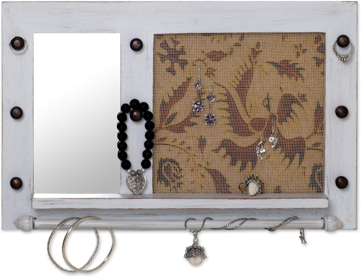 White Cotton Wood Batik Jewelry Display Organizer With Mirror O43699