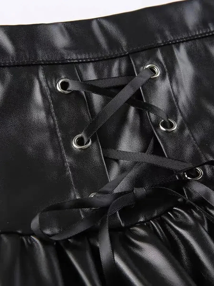 Grunge Lace Up Pu Leather Skirt Q3919