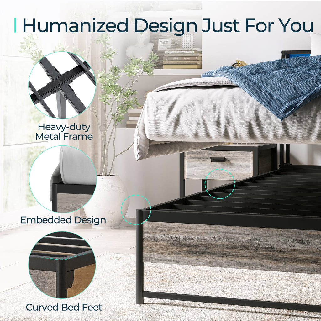 Full Size Metal Platform Bed Frame with Headboard and Storage Shelves U5514