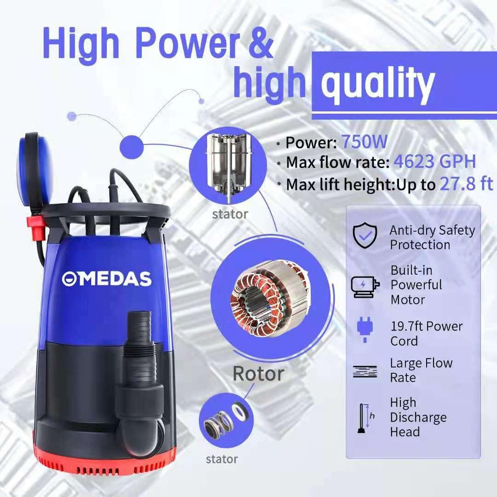 1HP 750W 4623GPH Submersible Sump Pump Electric 3 in 1 Clean/Dirty Water Utility Water Pumps w/Float Switch and Long 16.4ft Cable Pack of 2 P1005