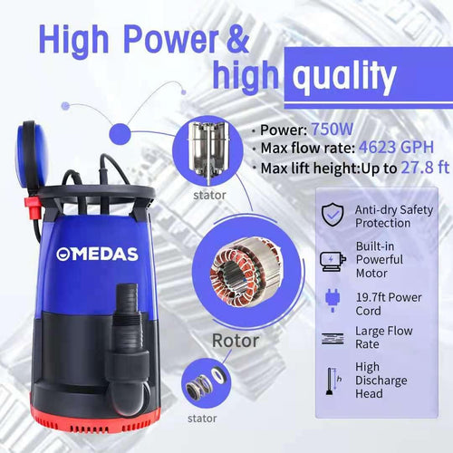1HP 750W 4623GPH Submersible Sump Pump Electric 3 in 1 Clean/Dirty Water Utility Water Pumps w/Float Switch and Long 16.4ft Cable Pack of 2 P1005
