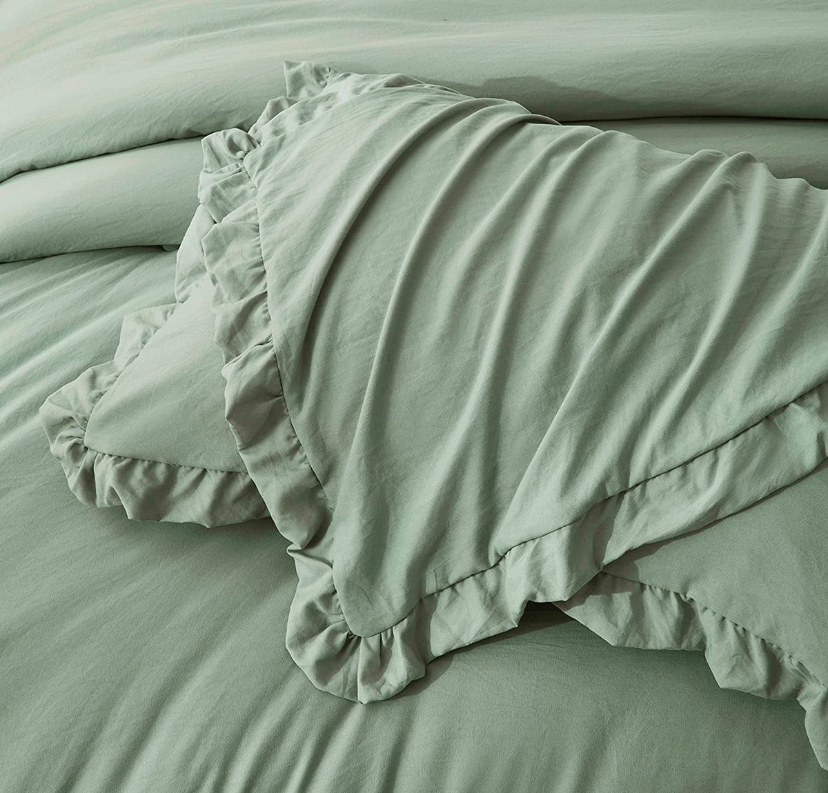 Sage Green Ruffled Edge Microfiber Comforter Set H254668
