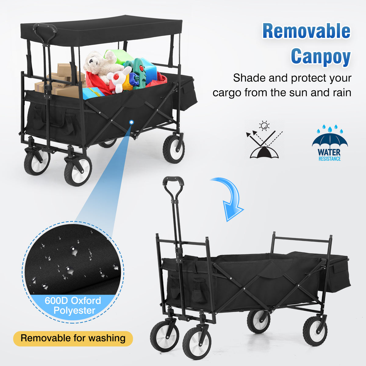 Black Folding Wagon Cart with Removable Canopy X26127