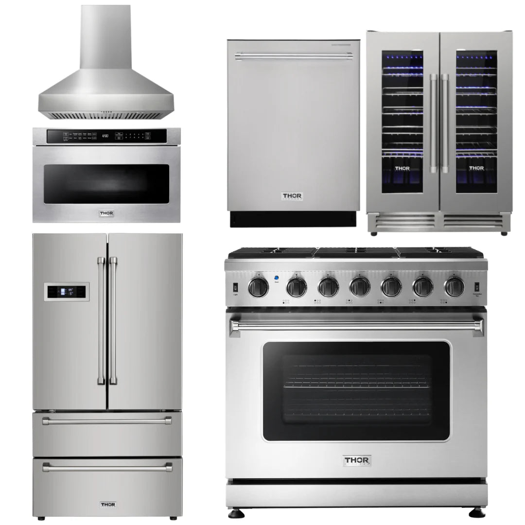 36 Gas Range, Range Hood, Microwave, Refrigerator, Dishwasher, Wine Cooler L14044