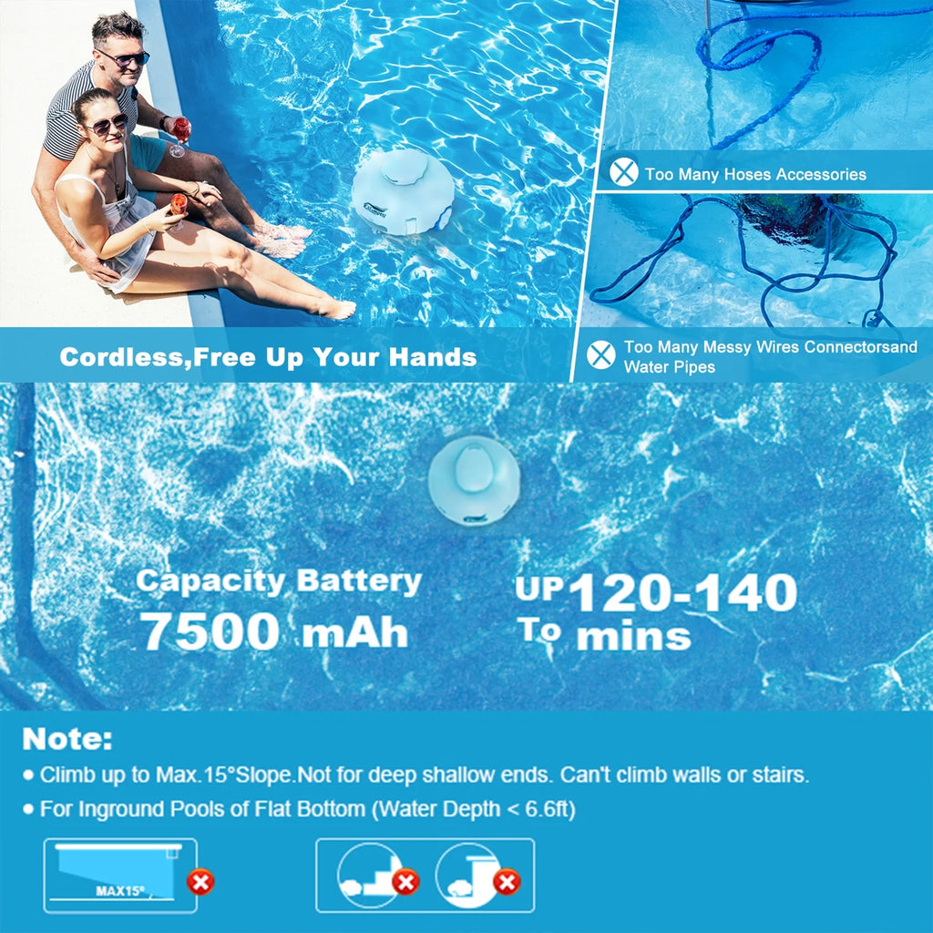 Cordless Robotic Pool Vacuum Cleaner 7500mAh Rechargeable IPX8 Waterproof P386