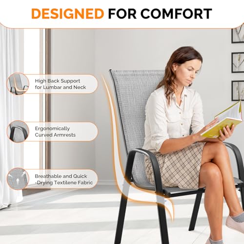Black Set of 6 Stackable Outdoor Dining Chairs with Sling High Back and Armrests P3451