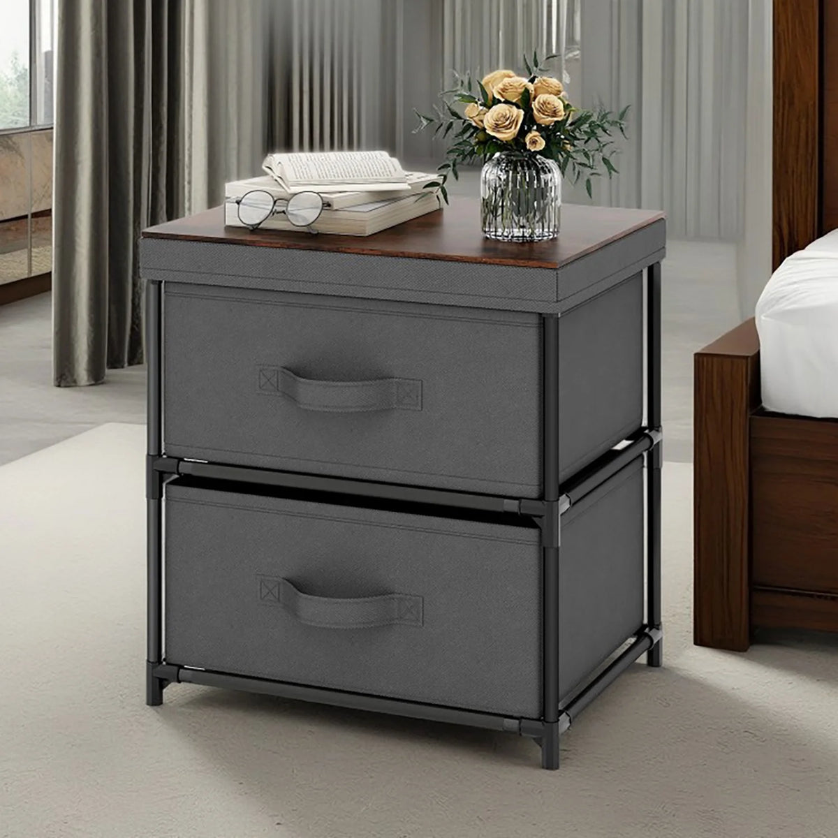 Grey Rustic Brown 2 Drawer Nightstand J9767