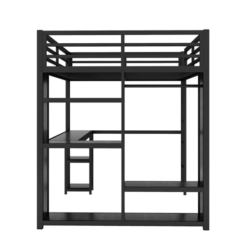 Full Size White Metal Loft Bed with Desk and Wardrobe J8561