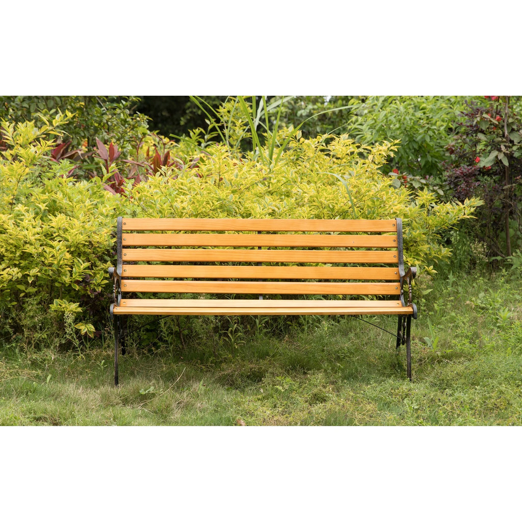 Wooden Outdoor Garden Bench with Steel Armrest & Legs Y799222