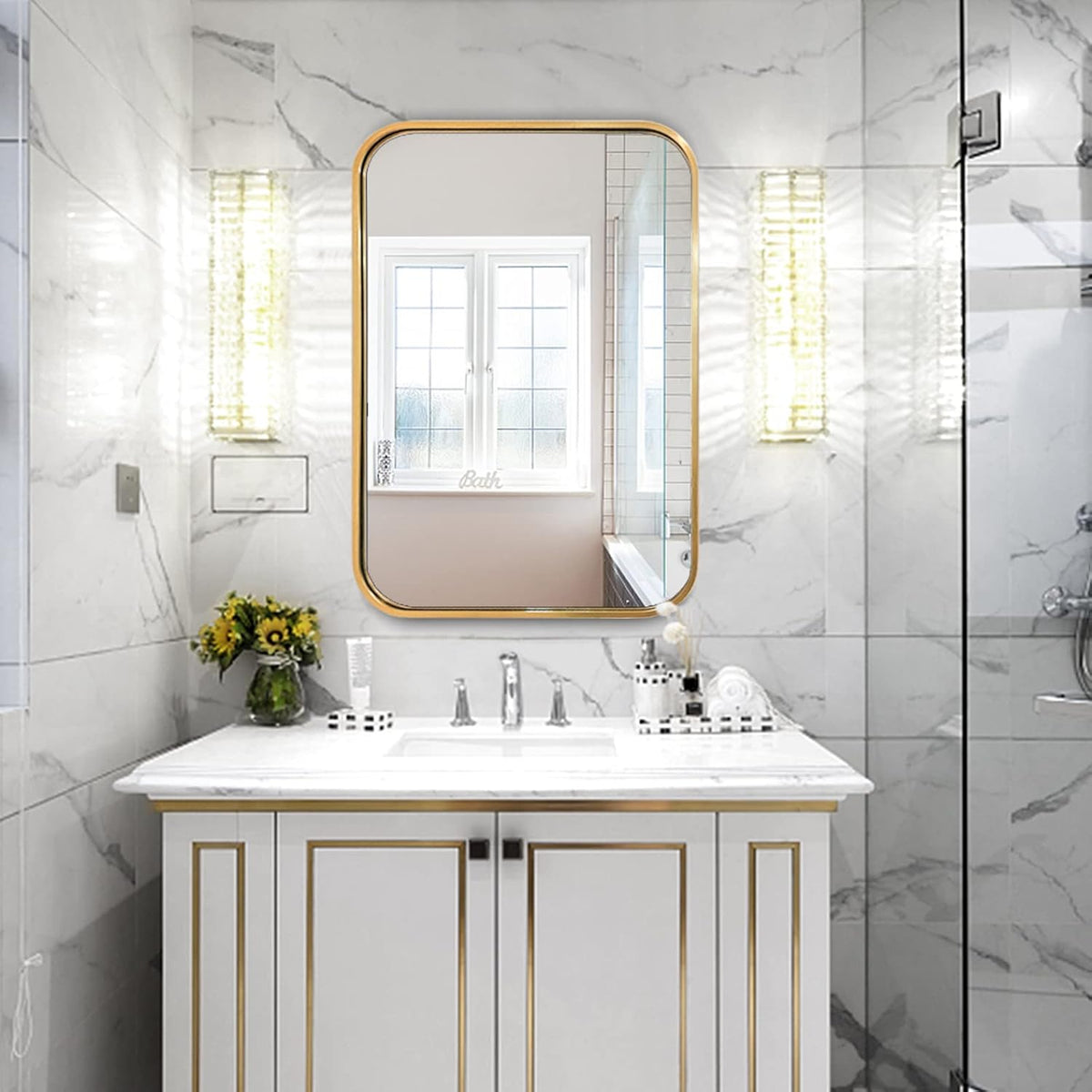 Gold Brushed Metal Framed Rectangular Bathroom Mirror U69157