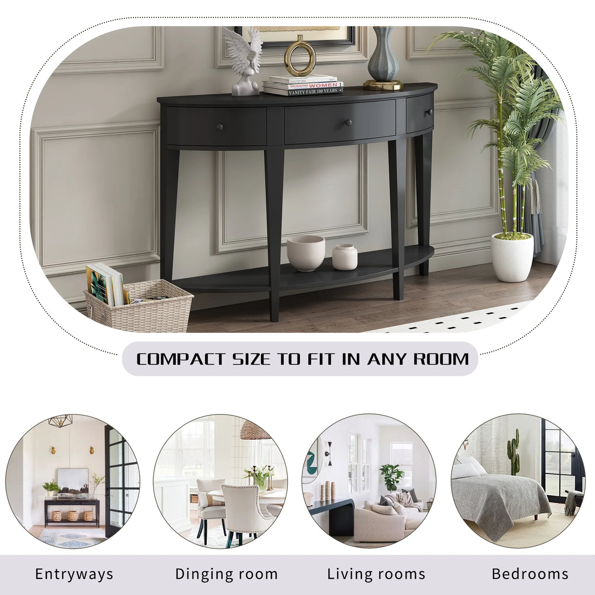 Black Curved Console Table with 3 Drawers T34216