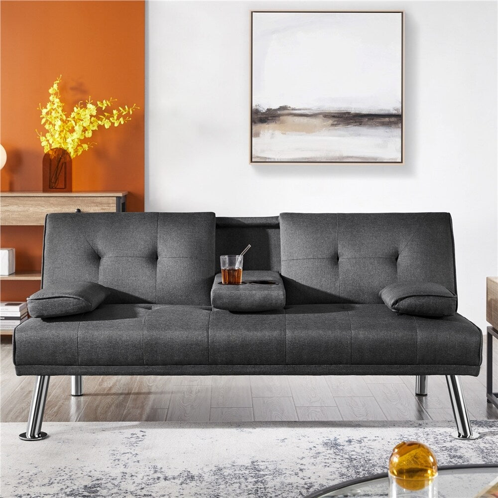 Dark Gray Tufted Fabric Convertible Futon Sofa Bed U8837