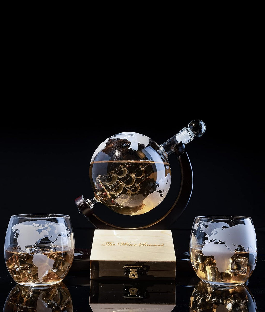 Globe Whiskey Decanter Set with 2 Etched Whisky Glasses and Whiskey Stones 850ml P401