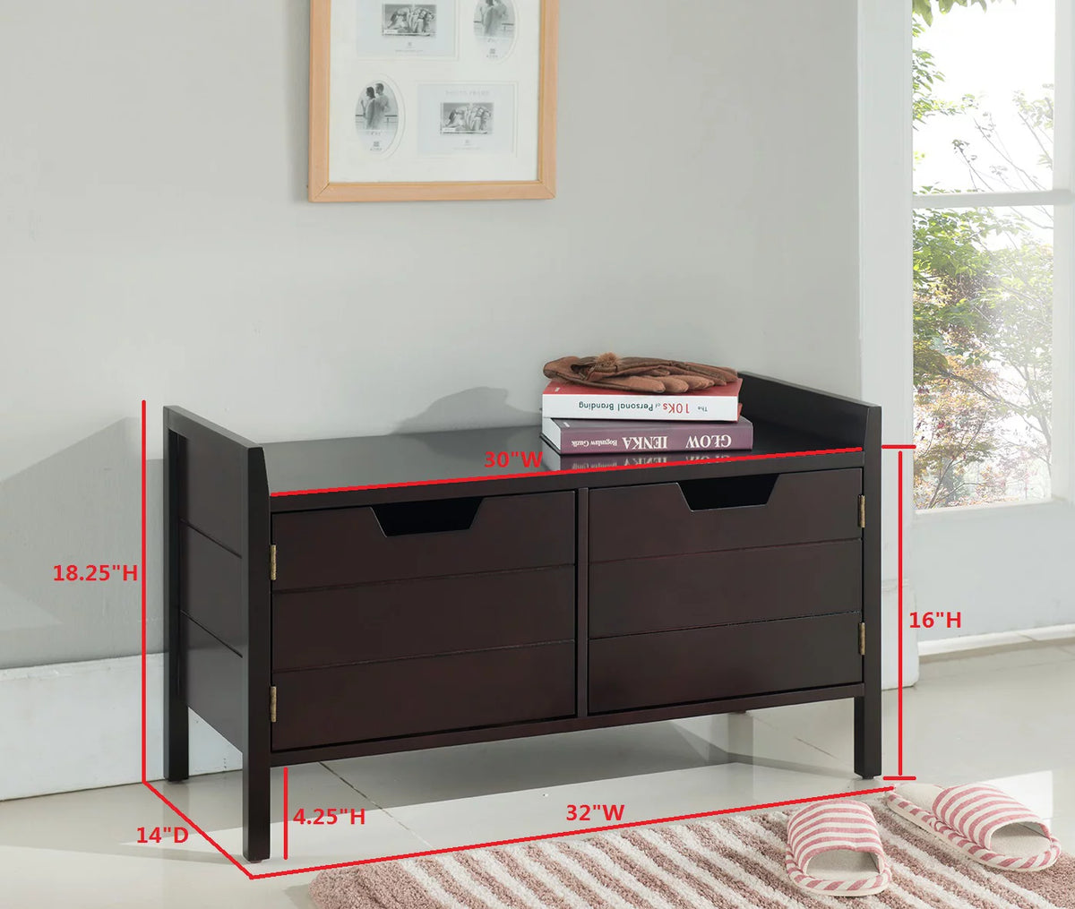 Espresso Wood Shoe Bench with Cabinet Storage H548262