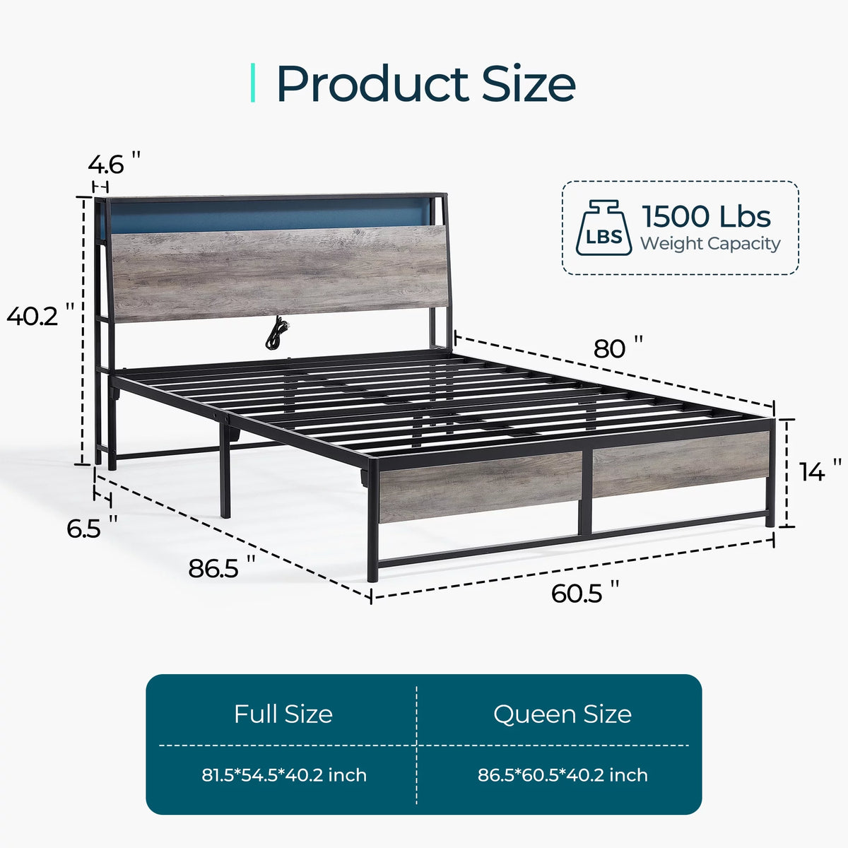 Full Size Metal Platform Bed Frame with Headboard and Storage Shelves U5514