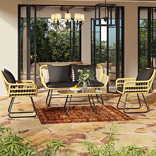 4-Piece Wicker Patio Bistro Set with Cushions and Metal Table Z970