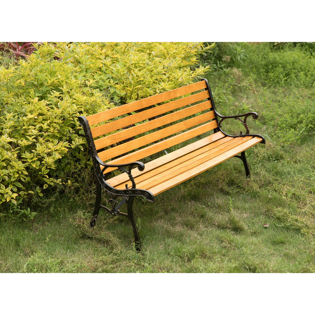 Wooden Outdoor Garden Bench with Steel Armrest & Legs Y799222