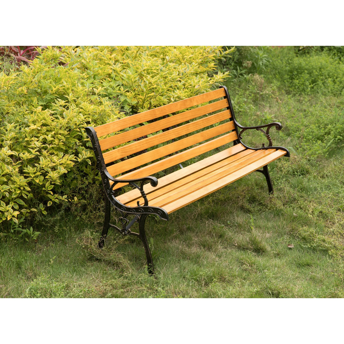 Wooden Outdoor Garden Bench with Steel Armrest & Legs Y799222