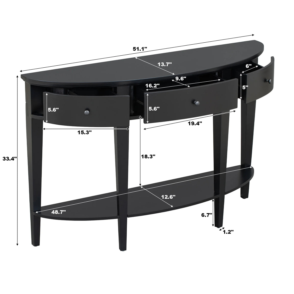 Black Curved Console Table with 3 Drawers T34216