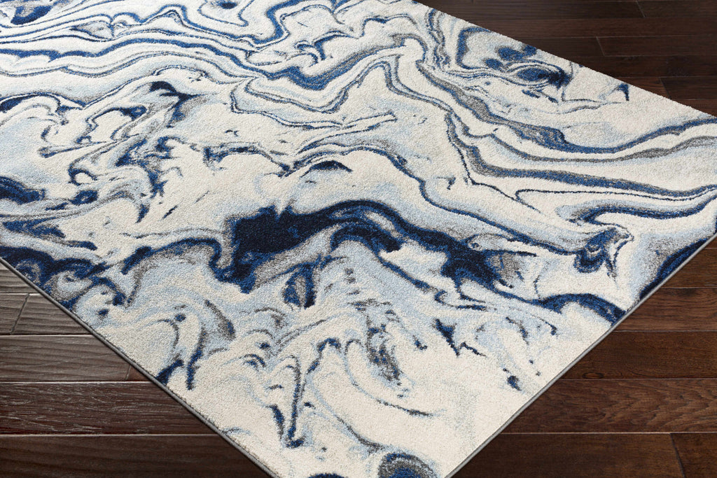 Abstract Coastal Area Rug - Marble Swirl Pattern - Ombre Blue, Royal Blue, Navy Blue, Grey, White - 5'3" x 7'3" B3965